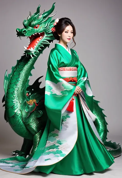 beautiful　Standing back　Aoi woman　Woman riding a dragon　Japanese clothing　Emerald green