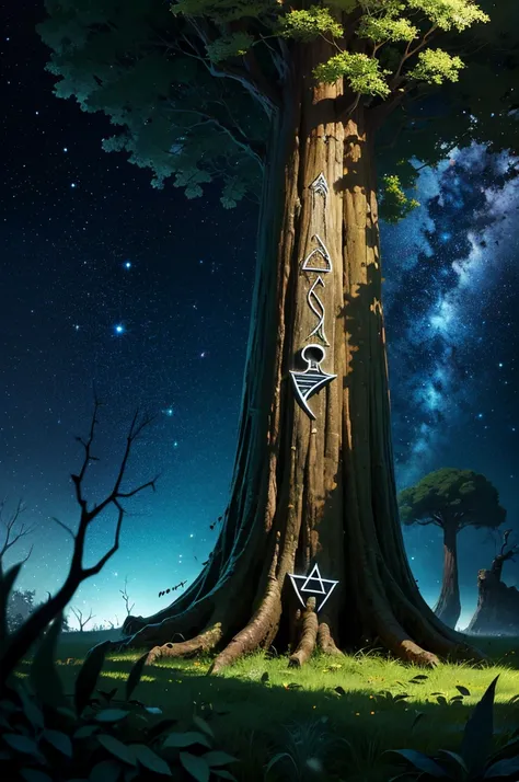 Ancient giant tree，Dark green leaves，Strange runes all over the tree trunk，The tree is in a claustrophobic, empty and dark space