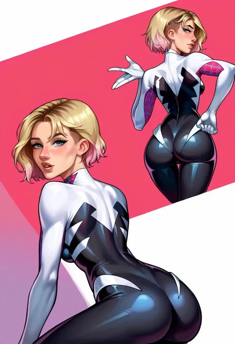 score_9, score_8_up, score_7_up, source_cartoon, BREAK 1girl, solo, short hair Gwen Stacy, looking at viewer, parted lips, (Spidergwen suit:1.1), mature woman, highly detailed face, highly detailed hands, beautiful woman, in her bedroom, model poses, rear ...