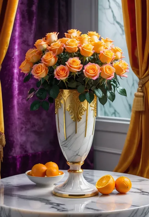 minature sun on a pedestal. oranges on a white marble table, mist in background, 8k, photography style,a clear glass vase with orange bioluminescent fluid in them, on a white marble table, large red rubies and emeralds, fine jewels, scattered on the table,...