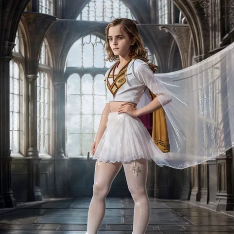 (Emma Watson as Hermione Granger wearing Hogwarts uniform with white transparent nylon tights backing up:1.5). viewed from 3/4 side. Full body. Afraid of her surroundings. Looking over her shoulder. Sun light,Photorealistic. 8K resolution. Masterpiece. Wid...