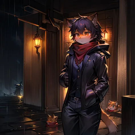 Orange cat, red scarf, black trousers, black jacket, wizard, rain, expressionless