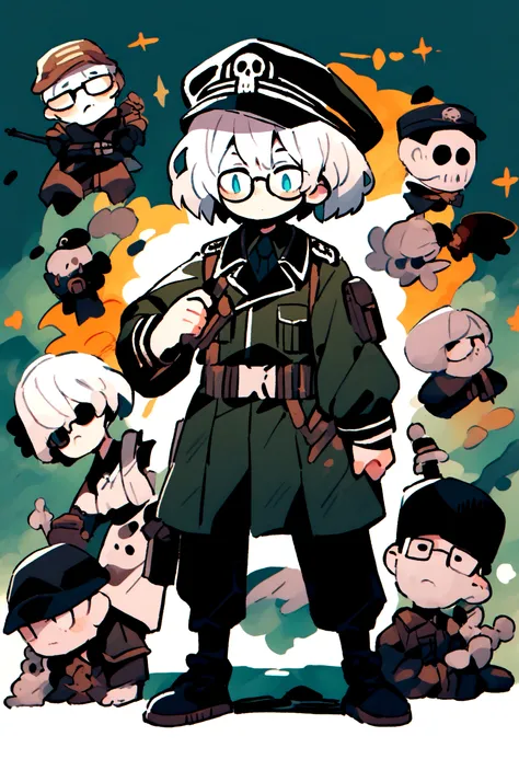 glasses character, pale white skin, man of medium height, a modcut hairstyle, military hat with a skull, black military clothing 