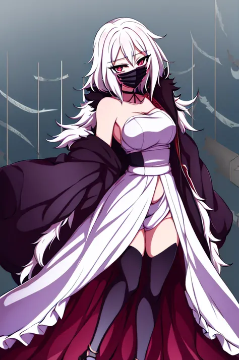 anime girl, bleach anime, soul reaper, sword, zanpakuto, vastolorde mask, fractured mask, hot, sexy, cute, black eyes, tall, full body, masterpiece, looking at the viewer, black fur on shoulders, coat, hollow shinigami, 