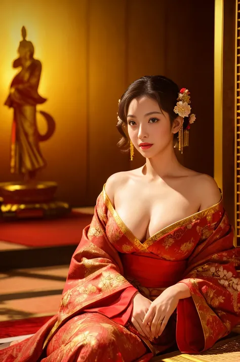 masterpiece, Highest quality,Large Breasts、Red kimono、Cinematic atmosphere、Professional composition、Natural Body、fantasy,(sitting in front of a golden screen)、flower arrangement、tatami、looking at the camera、real、nature