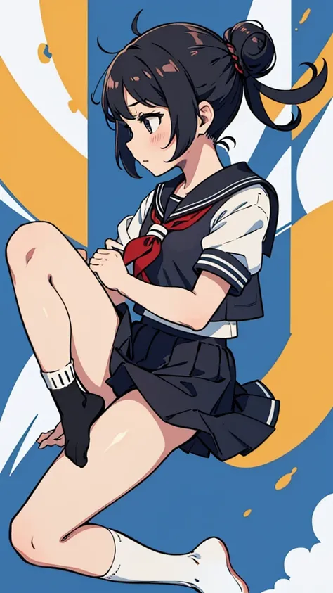 From the side,whole body,Hair tied up,Sailor suit,Black Skirt,socks,Jump,School