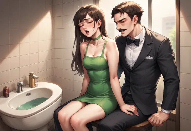 The man in his 45s with black very short hair and smooth face with moustache. The woman in her 45s with brown wavy long hair. The man is dressed in a black suit. The woman is wearing a green mini dress. In the bar bathroom. The woman is sitting at the coun...