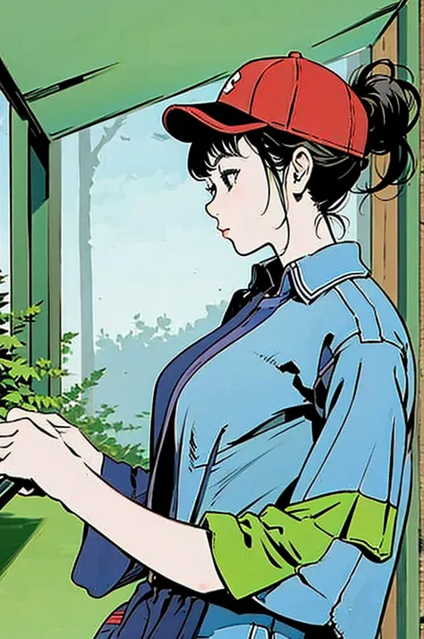 Blue baseball cap、Blue polo shirt、profile、Upper Body、Large Breasts:1.2、girl、ponytail、Black Hair、sunny、garden