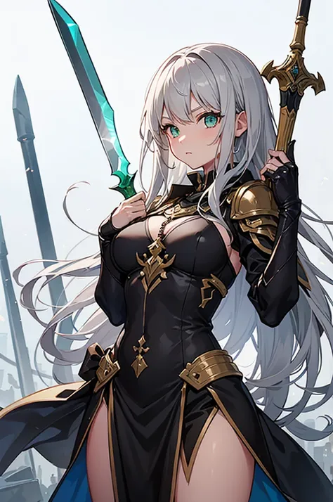 One girl，Emerald eyes，Light gray top，Carrying a giant sword as tall as a person，Hands covered with gauntlets，Holding a long knife in the right hand，There is a medal on the chest