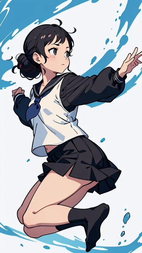 From the side,whole body,Hair tied up,Sailor suit,Black Skirt,socks,Jump,School