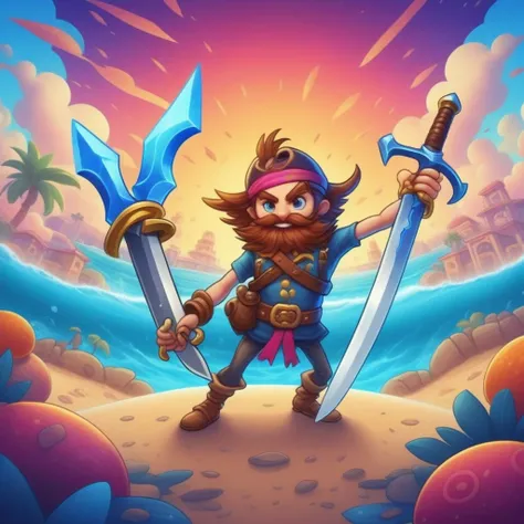 dual pirate sword , mobile game art, banner, detailed game art, stylized game art, game illustration, splash screen art, full card design, wallpaper!, extended art, adtime style art, saturated colorful, game item, blank background