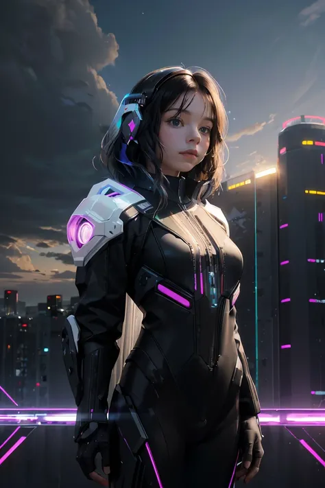 ((masterpiece, best quality, extremely detailed), volumetric lighting, ambient occlusion, colorful, glowing), 
1girl, solo, young girl, (dark hair), long hair, halo, aura, sacred, godness, cyber suit, (black outfit:1.3), android, bot, cybernetic wings,
out...