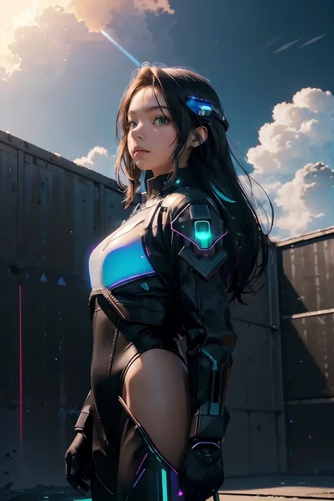 ((masterpiece, best quality, extremely detailed), volumetric lighting, ambient occlusion, colorful, glowing), 
1girl, solo, young girl, (dark hair), long hair, halo, aura, sacred, godness, cyber suit, (black outfit:1.3), android, bot, cybernetic wings,
out...