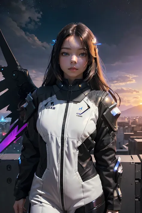 ((masterpiece, best quality, extremely detailed), volumetric lighting, ambient occlusion, colorful, glowing), 
1girl, solo, young girl, (dark hair), long hair, halo, aura, sacred, godness, cyber suit, (black outfit:1.3), android, bot, cybernetic wings,
out...