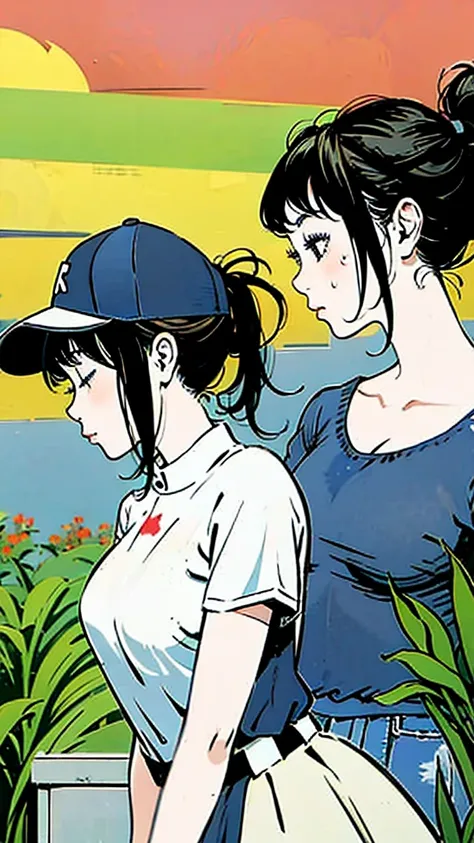 Blue baseball cap、Blue polo shirt、profile、Upper Body、Large Breasts:1.4、girl、ponytail、Black Hair、Sweaty、sunny、garden