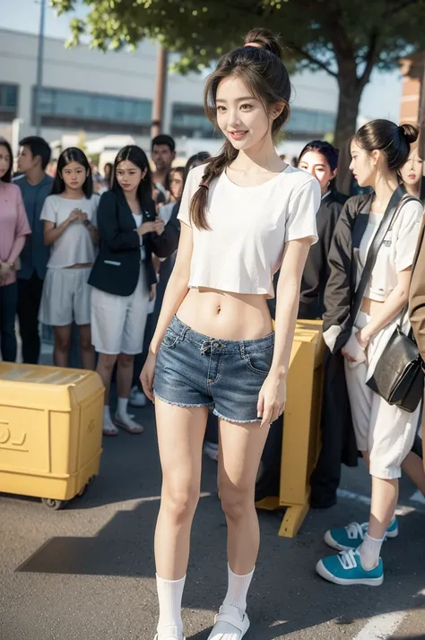 (((best quality))),(((ultra detailed))),(((masterpiece))),illustration,((1 beautiful girl,solo)),((slim,thin)),((small breasts,flat chest)), outside school gate, summer twilight, sunlight,(short ponytail:1.3),((white short-sleeved shirt)),((clavicalis,nave...