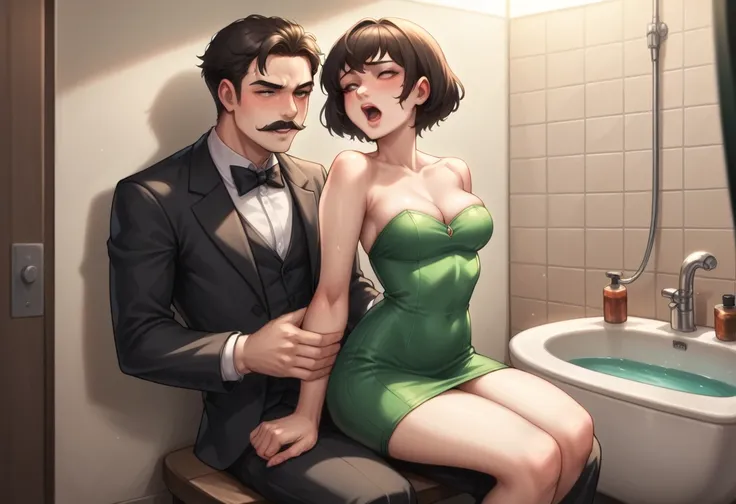 The man in his 45s with black very short hair and smooth face with moustache. The woman in her 45s with brown wavy long hair. The man is dressed in a black suit. The woman is wearing a green mini dress. In the bar bathroom. The woman is sitting at the coun...