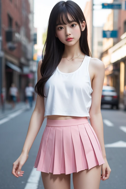 (8K, RAW Photos, Highest quality, masterpiece:1.2), High-resolution RAW color photos, Professional photos, (Realistic, photo Realistic:1.37), Cinematic Light, One Girl, stretch, white adidas jacket, Black pleated skirt, Tight pink tank top, Outdoor, Univer...