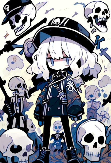 Character with white and pale skin, skeleton of medium height, military hat with a skull, black military clothing, high detail 