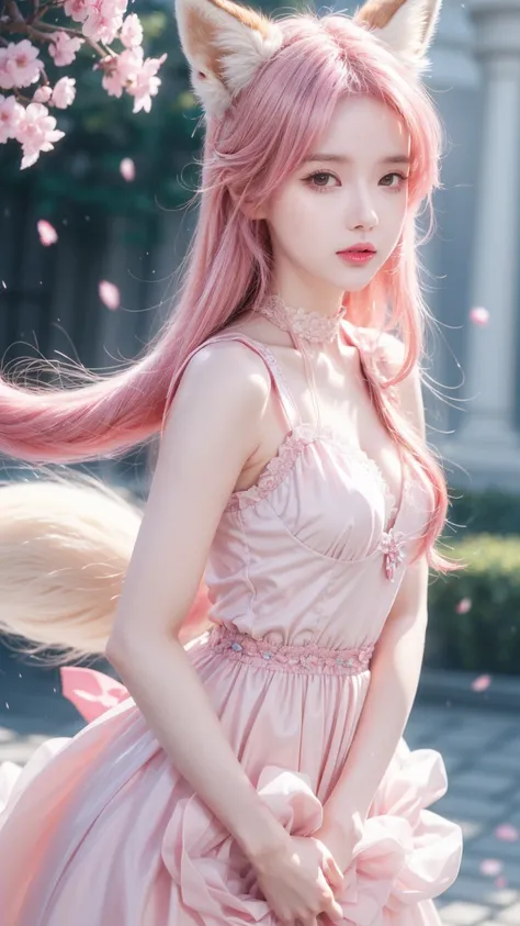 Nine snow-white fox tails (1.0), Milky white fox tail (1.0), Nine-tailed fox close-up, Nine Tails, Nine Tails, Pink Hair、Wearing a pink dress、Anime girl with flowers in her hair, very Beautiful anime fox girl, Beautiful anime fox girl, Beautiful fantasy an...