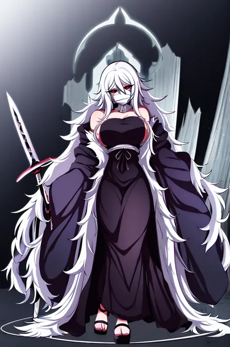 anime girl, bleach anime, soul reaper, sword, zanpakuto, vastolorde mask, fractured mask, hot, sexy, cute, black eyes, tall, full body, masterpiece, looking at the viewer, black fur on shoulders, coat, hollow shinigami, 