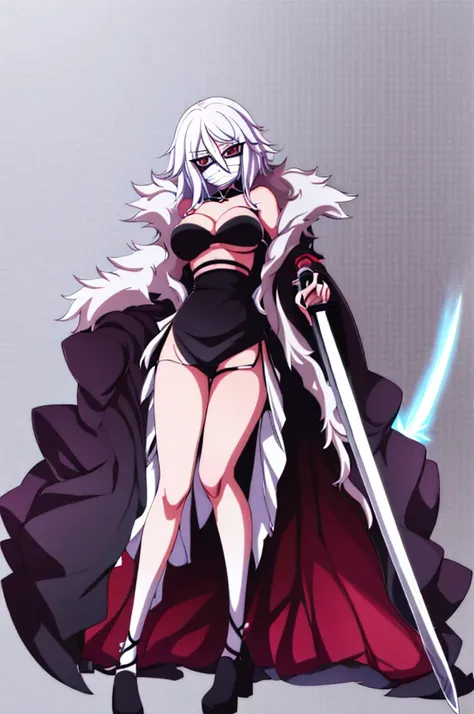 anime girl, bleach anime, soul reaper, sword, zanpakuto, vastolorde mask, fractured mask, hot, sexy, cute, black eyes, tall, full body, masterpiece, looking at the viewer, black fur on shoulders, coat, hollow shinigami, 