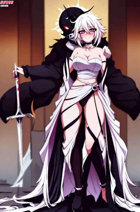 anime girl, bleach anime, soul reaper, sword, zanpakuto, vastolorde mask, fractured mask, hot, sexy, cute, black eyes, tall, full body, masterpiece, looking at the viewer, black fur on shoulders, coat, hollow shinigami, 