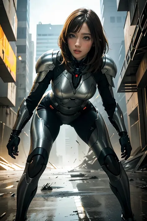 full body shot photo of sexy female cyborg wearing scratched and tarnished futuristic armor in a destroyed futuristic city, fant...