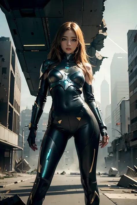 full body shot photo of sexy female cyborg wearing scratched and tarnished futuristic armor in a destroyed futuristic city, fant...