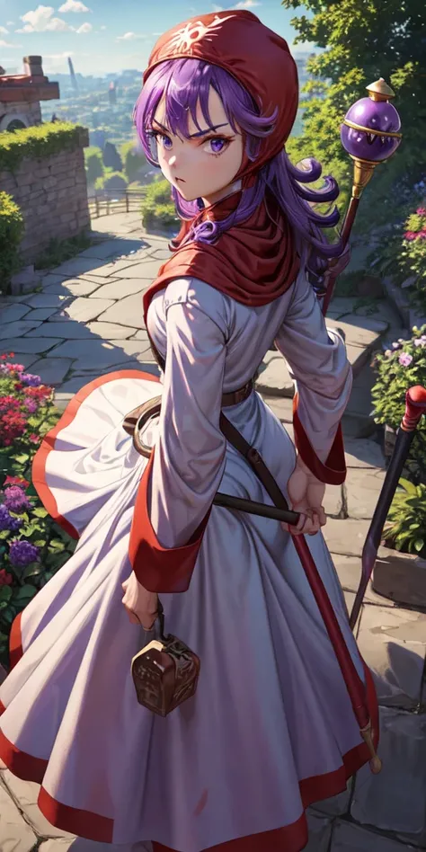 masterpiece, best quality, 4k, 8k, dqPom, red hood, purple hair, robe, cowboy body shot, holding staff, sky, garden, looking at viewer, from above, angry