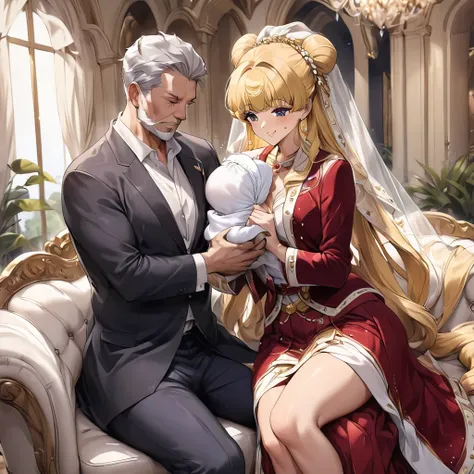 ((Highest quality)), ((masterpiece)), (detailed), （Perfect Face）、The woman is an Italian named Tsukino Usagi, and is wearing the gorgeous and glittering Italian traditional Sardinian costume in a luxurious Italian mansion, a lavishly decorated velvet jacke...