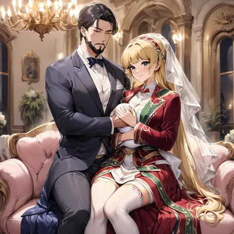 ((Highest quality)), ((masterpiece)), (detailed), （Perfect Face）、The woman is an Italian named Tsukino Usagi, and is wearing the gorgeous and glittering Italian traditional Sardinian costume in a luxurious Italian mansion, a lavishly decorated velvet jacke...