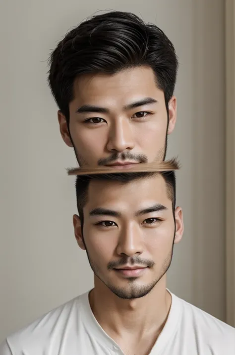 Create a handsome man,no facial hair, asian features,remove the facial hair and make it more delicate and white