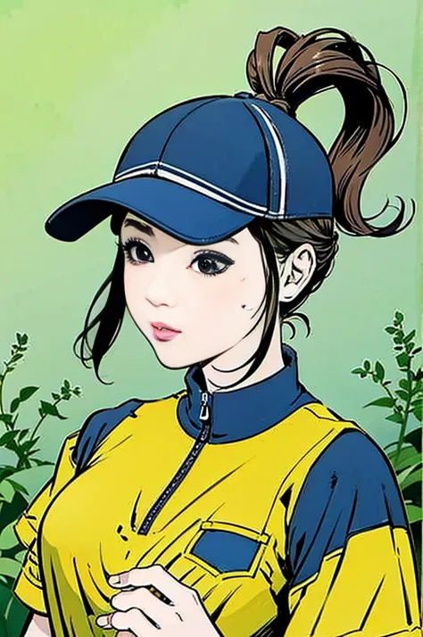 Blue baseball cap、Yellow polo shirt、Sweaty、Upper Body、Large Breasts:1.2、girl、ponytail、Black Hair、sunny、garden