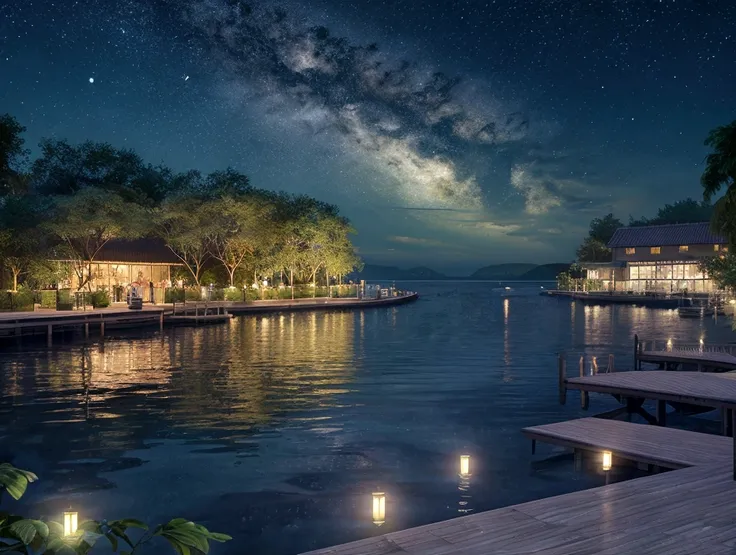 painting of a neon moonlight,Starry Sky、Dock area, Bougainville décor , 4K High Definition, moonlight, Xia Yun,Ocean, moonlight reflection,Beautiful Art UHD 4K, Beautiful artwork illustration, Beautiful digital painting, Highly detailed digital painting, B...