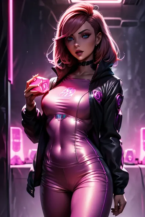 woman in a pink jacket holding a cube with a glowing face, transhumanist cyberpunk cube, (cyberpunk) pink hair 1 girl, highly de...