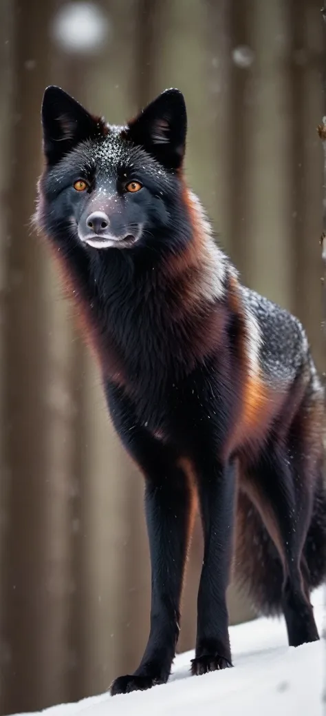 Black fox with gray eyes in a snowy forest