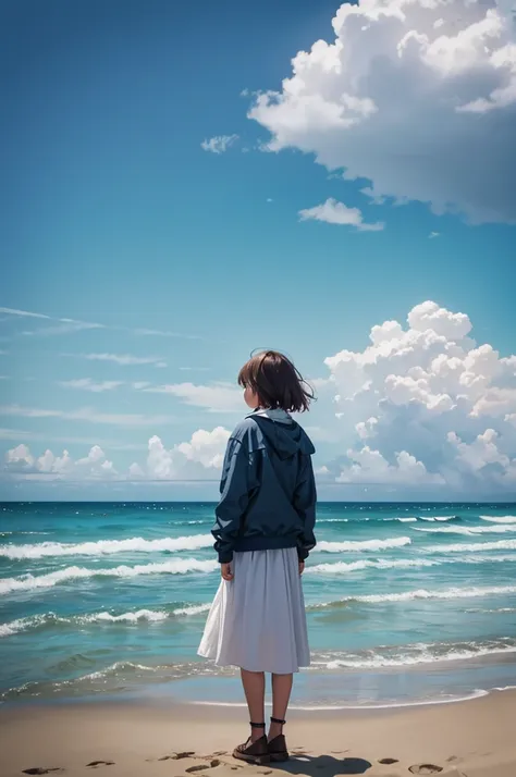 Cloudy，One Girl，Standing with your back，Looking out at the sea on a rural beach，Sad mood，White sand beach