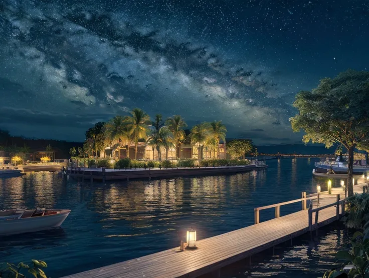 painting of a neon moonlight,starry sky、dock area, bougainville décor , 4k high definition, moonlight, xia yun,ocean, moonlight ...