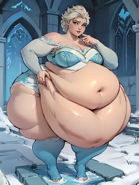 Masterpiece, best quality, highres, elsa, (((extremely tall))), (((detailed face))), bottomheavy, ((gigantic belly)), ((chubby belly)), (((massive thighs))), ((slim calves)), sexy pose, full body shot