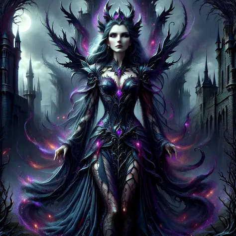 a woman in a gothic dress standing in front of a castle, gothic fantasy art, fantasy dark art, dark fantasy art, gothic maiden o...