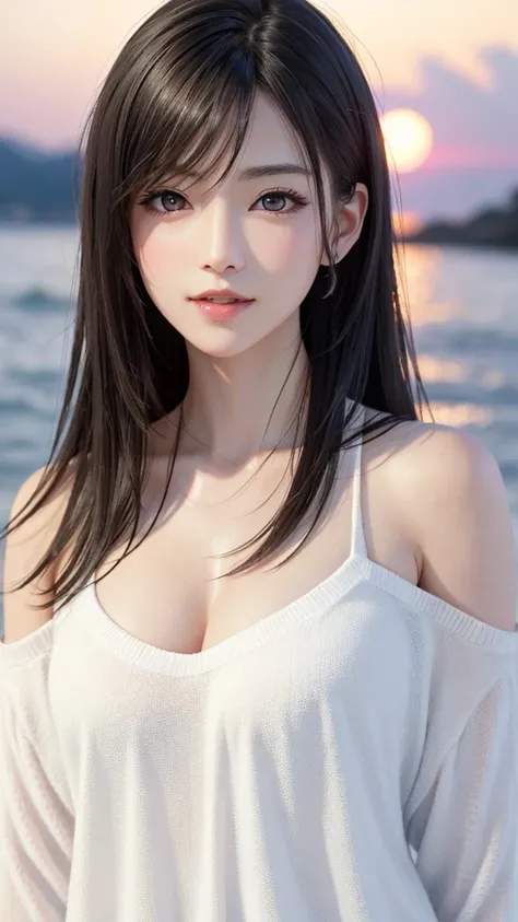 {Top Quality, Masterpiece}, (Realistic: 1.3), Wallpapers, ultra high res, ultra high quality,  BREAK {{{FF7,Tifa_lockhart, solo}}},{Ultra-detailed face, Detailed Red eyes},(black Brown Hair, Large breasts: 1.0),(Imaginative Macanese Female Page, background...