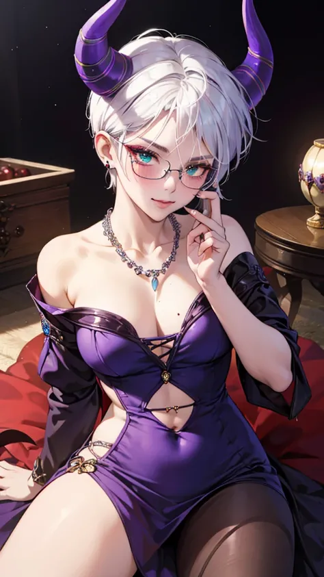 8k, masterpiece, best quality, highly detailed, 1 girl, tiefling, warlock, multicolored hair, very short straight hair green highlight hair on white hair, strippled hair, wearing glasses, round glasses, earrings, red eyeshadow, long eyelashes,navel piercin...