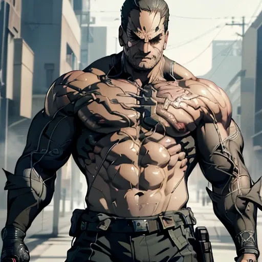 (8k wallpaper:1.2),(Ultra-high resolution:1.2),(masterpiece:1.1),wallpaper,High quality,masterpiece,(High detail),1man, senator Armstrong,Metal gear rising,black hair, bulky,abs, nano machines on body, absolutely stunning art, extremely detailed,