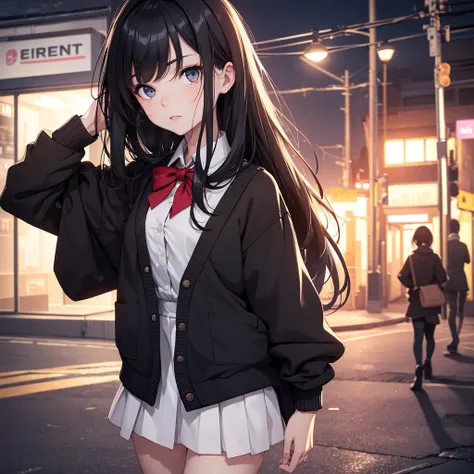 (8K, Best Quality, Masterpiece, Ultra High Resolution) 1Girl, Teen, Young, Cute, Slender, Beautiful Eyes, Face Details, Long Black Hair, Hazel Eyes, Pale Skin, Wearing School Outfit, Cardigan, Standing Outside at Night, Best Quality, Upper Body, Looking at...