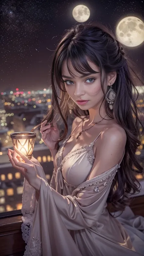 (32k:1.5, Highest quality, masterpiece, Ultra-high resolution), Professional camera work:1.6, Highly detailed skin and face textures:1.3, Captivating portrait:1.2, Very accurate, Very detailed, 1 adult female, ((Amazing night view from the rooftop:1.4, The...