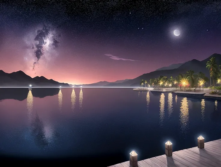 painting of a neon moonlight,Starry Sky、Dock area, Bougainville décor , 4K High Definition, moonlight, Xia Yun,Ocean, moonlight reflection,Beautiful Art UHD 4K, Beautiful artwork illustration, Beautiful digital painting, Highly detailed digital painting, B...