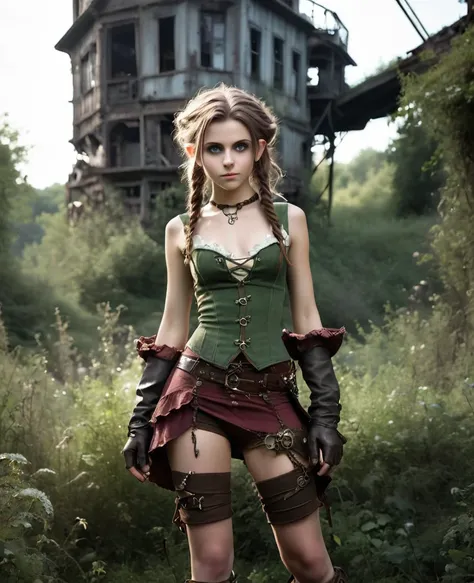 cute elf, (teenage elf  with extremely cute eyes)), (((elf))), ((((high resolution))), (((extremely detailed))), ((masterpiece)), looks like Aerith Gainsborough, dramatic shadows, depth of field, analog photo style, (world in which are collide steampunk an...