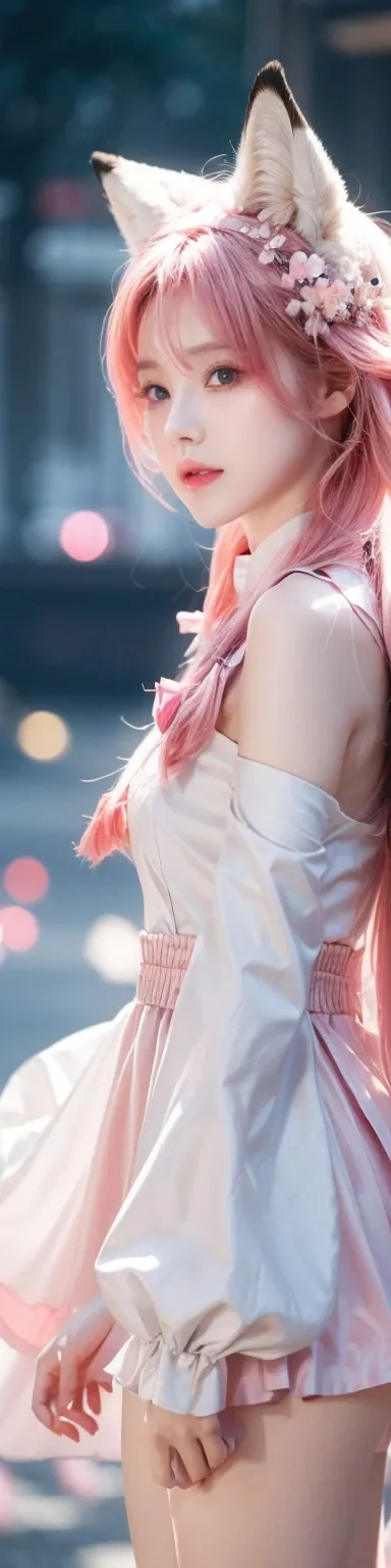 Nine snow-white fox tails (1.0), Milky white fox tail (1.0), Nine-tailed fox close-up, Nine Tails, Nine Tails, Pink Hair、Wearing a pink dress、Anime girl with flowers in her hair, very Beautiful anime fox girl, Beautiful anime fox girl, Beautiful fantasy an...