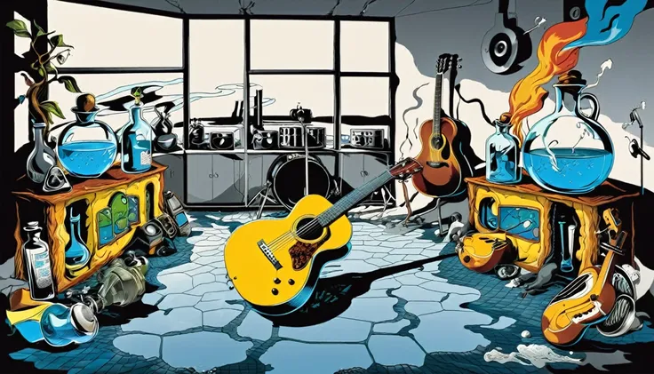 masterpiece; cover of the who's who's next album;; guitars and drums in a small science lab(((several science bottles around the...